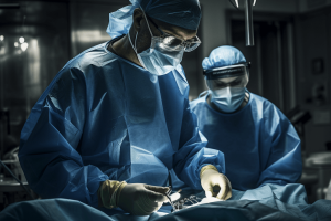A surgeon in a gown and mask rushing a patient into the operating room