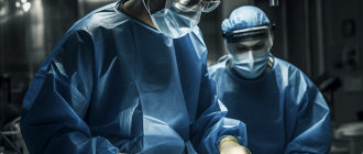 A surgeon in a gown and mask rushing a patient into the operating room