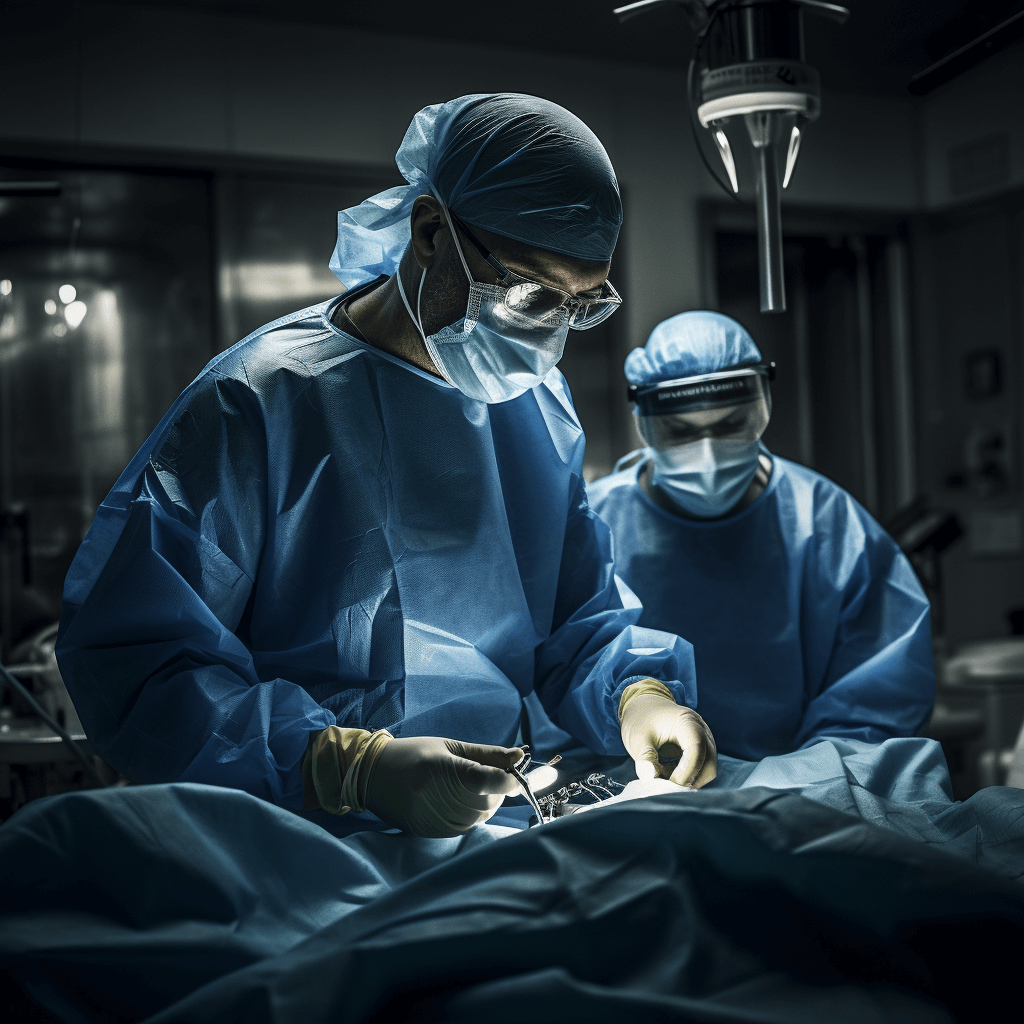 A surgeon in a gown and mask rushing a patient into the operating room