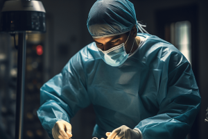 A surgeon in a mask and gown standing over a patient on the operating table and concentrating on performing intestinal revascularization surgery