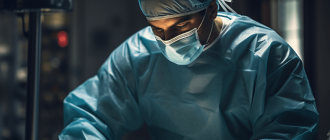 A surgeon in a mask and gown standing over a patient on the operating table and concentrating on performing intestinal revascularization surgery