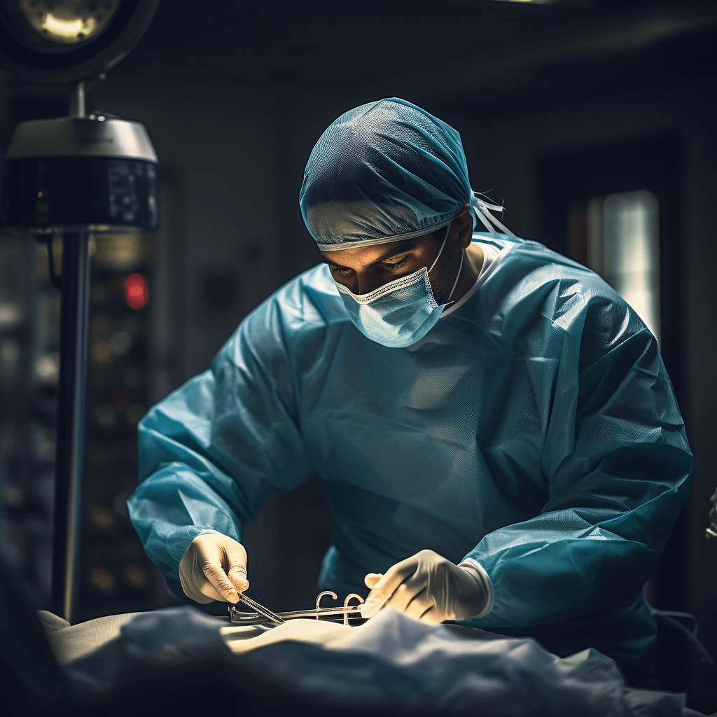 A surgeon in a mask and gown standing over a patient on the operating table and concentrating on performing intestinal revascularization surgery