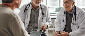 2 cardiologists and an elderly man are talking in the clinic.