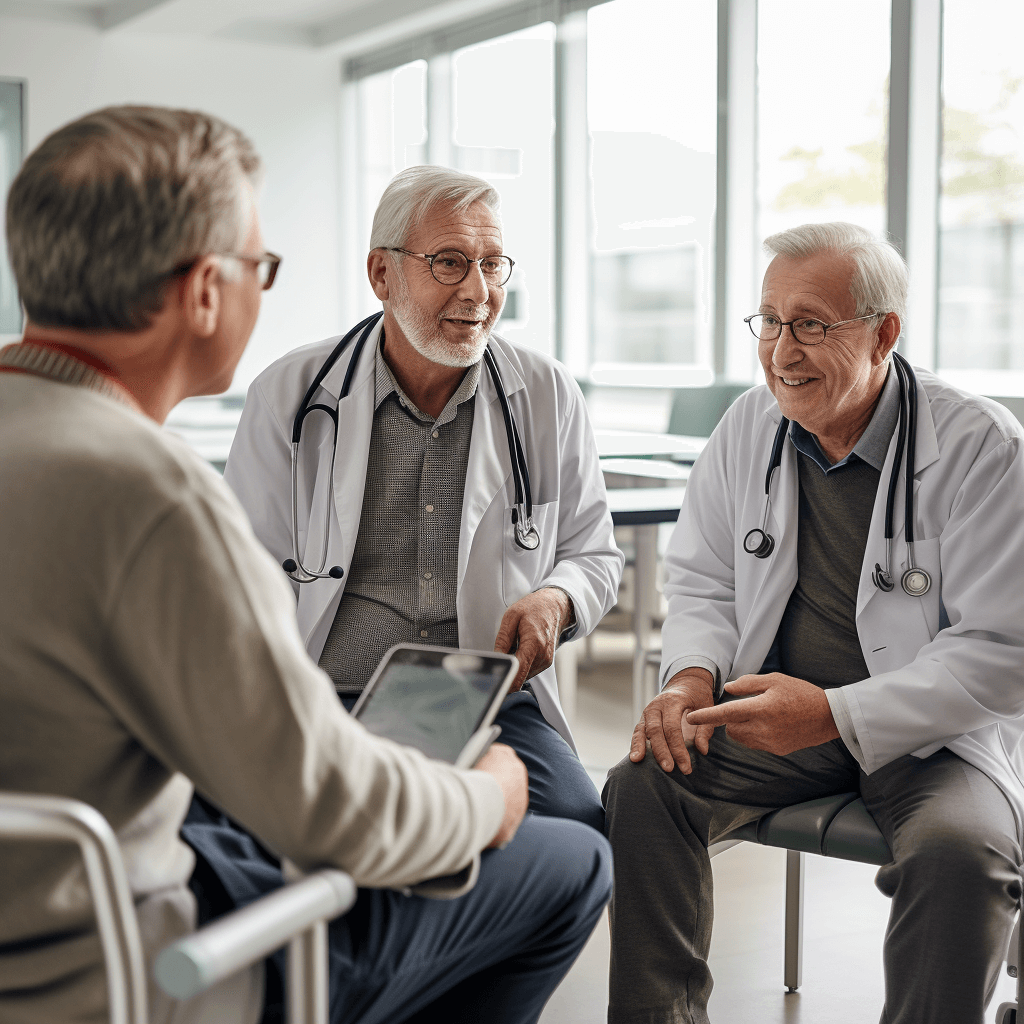 2 cardiologists and an elderly man are talking in the clinic.